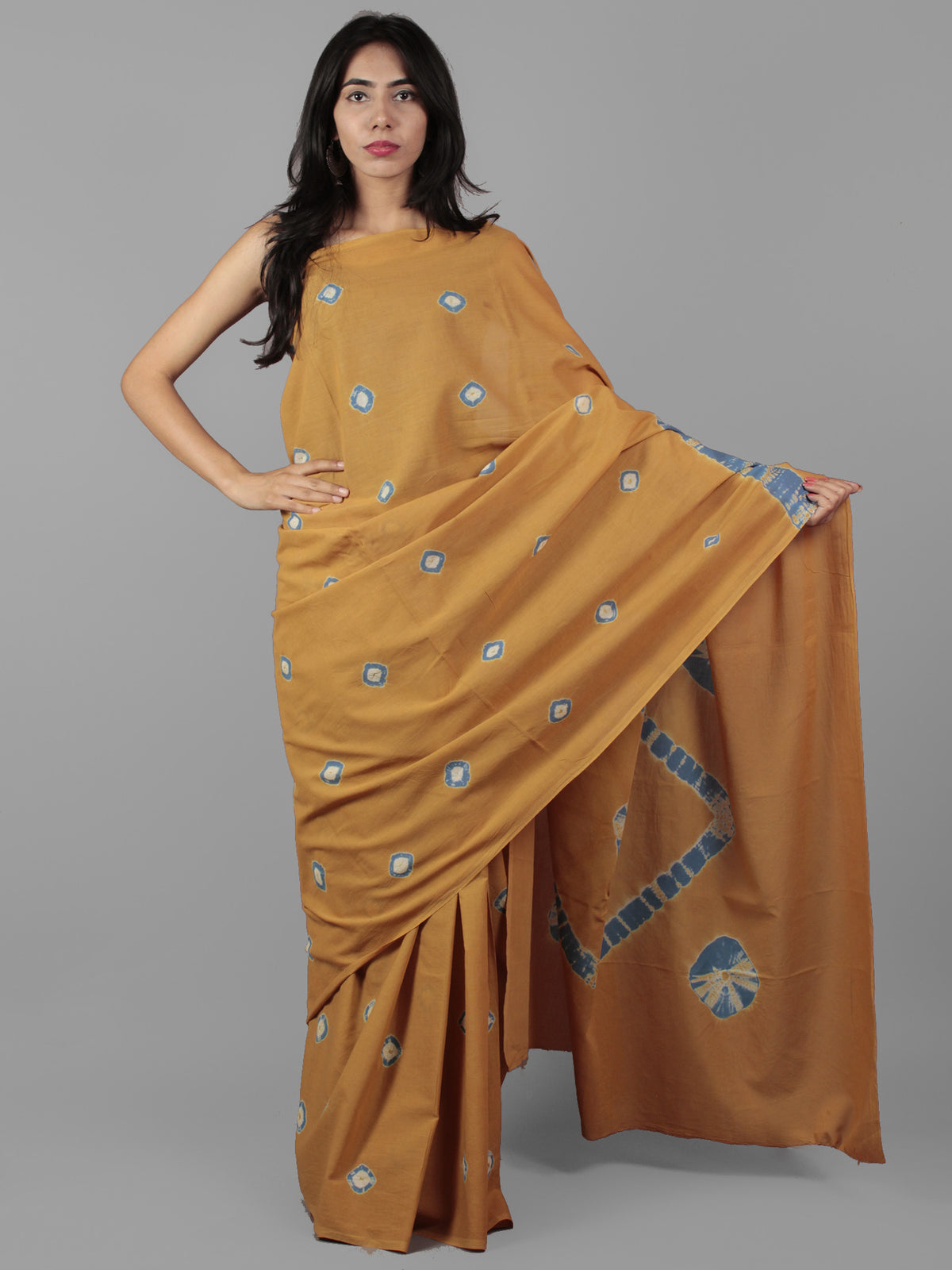 Peanut Brown Teal Blue Ivory Hand Shibori Dyed Cotton Saree - S031702020