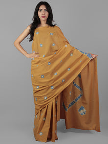 Peanut Brown Teal Blue Ivory Hand Shibori Dyed Cotton Saree - S031702020