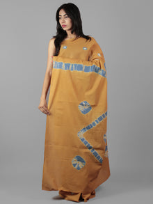 Peanut Brown Teal Blue Ivory Hand Shibori Dyed Cotton Saree - S031702020