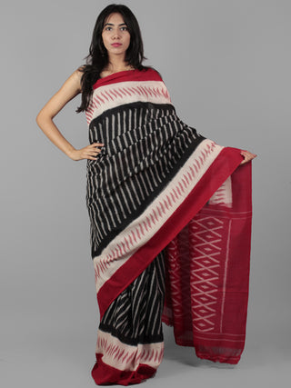 Black Ivory Red Ikat Handwoven Pochampally Mercerized Cotton Saree - S031702021