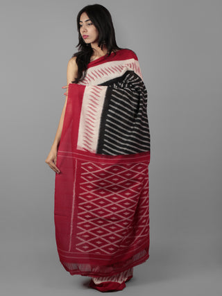 Black Ivory Red Ikat Handwoven Pochampally Mercerized Cotton Saree - S031702021