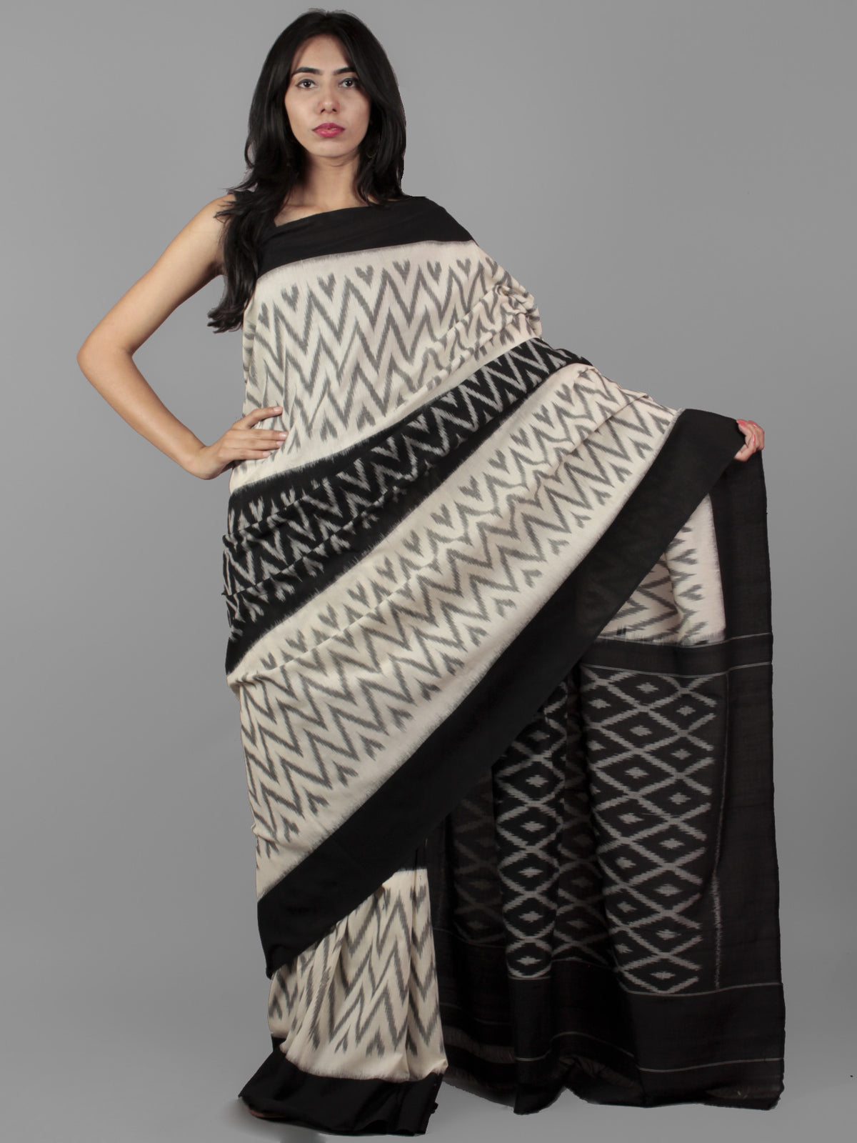 Black Ivory Grey Ikat Handwoven Pochampally Mercerized Cotton Saree - S031702024