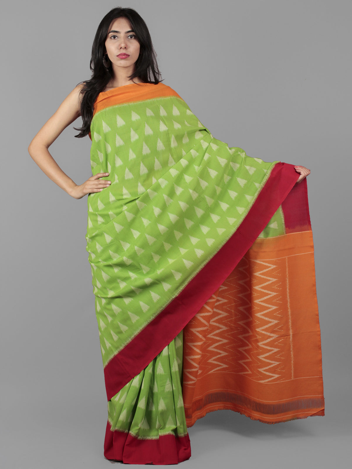 Chartreuse Orange Maroon Ivory Grey Ikat Handwoven Pochampally Mercerized Cotton Saree - S031702025