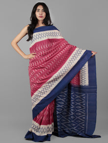 Pink Blue Ivory Grey Ikat Handwoven Pochampally Mercerized Cotton Saree - S031702027
