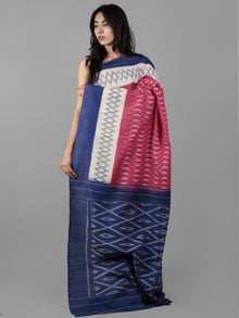 Pink Blue Ivory Grey Ikat Handwoven Pochampally Mercerized Cotton Saree - S031702027