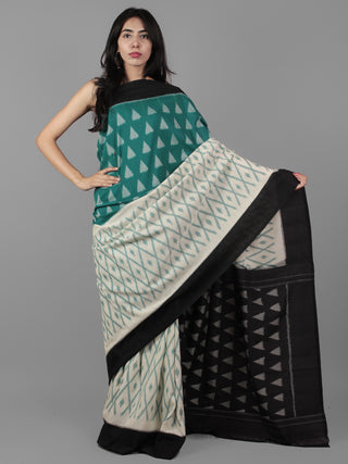 Teal Green Ivory Black Grey Ikat Handwoven Pochampally Mercerized Cotton Saree - S031702028