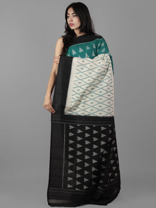 Teal Green Ivory Black Grey Ikat Handwoven Pochampally Mercerized Cotton Saree - S031702028
