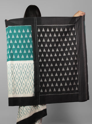 Teal Green Ivory Black Grey Ikat Handwoven Pochampally Mercerized Cotton Saree - S031702028