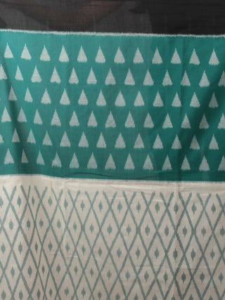 Teal Green Ivory Black Grey Ikat Handwoven Pochampally Mercerized Cotton Saree - S031702028