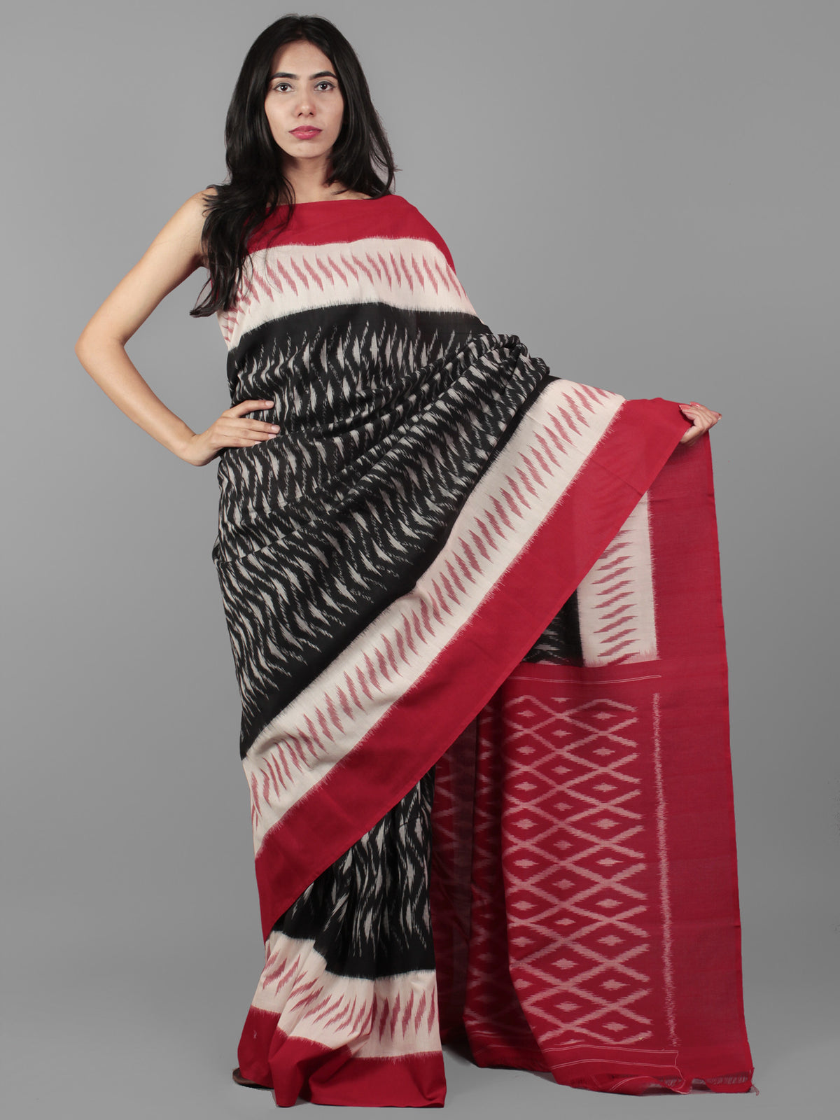 Black Ivory Maroon Grey Ikat Handwoven Pochampally Mercerized Cotton Saree - S031702029