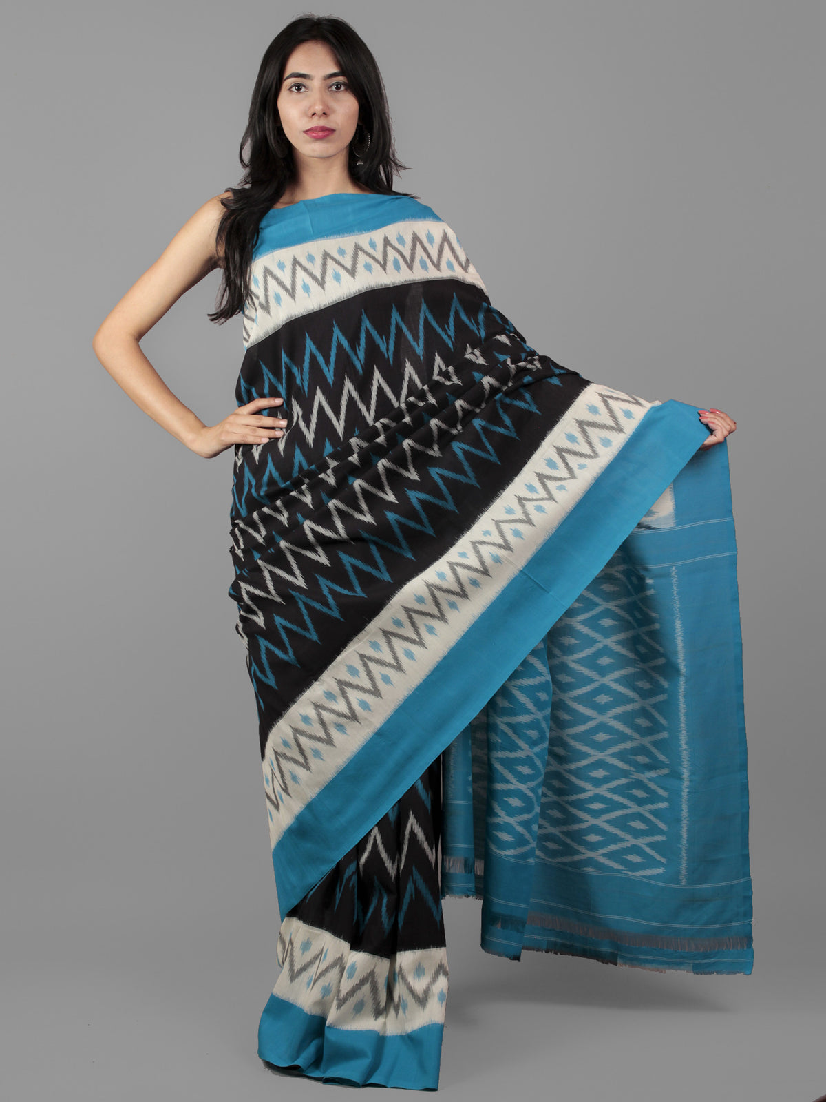 Cerulean Blue Black Ivory Grey Ikat Handwoven Pochampally Mercerized Cotton Saree - S031702033