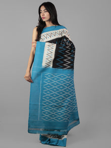 Cerulean Blue Black Ivory Grey Ikat Handwoven Pochampally Mercerized Cotton Saree - S031702033