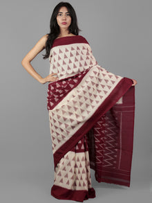 Maroon Ivory Ikat Handwoven Pochampally Mercerized Cotton Saree - S031702034