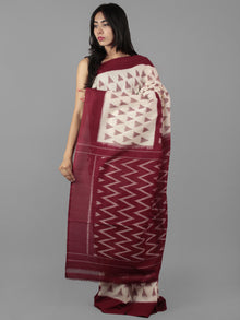 Maroon Ivory Ikat Handwoven Pochampally Mercerized Cotton Saree - S031702034