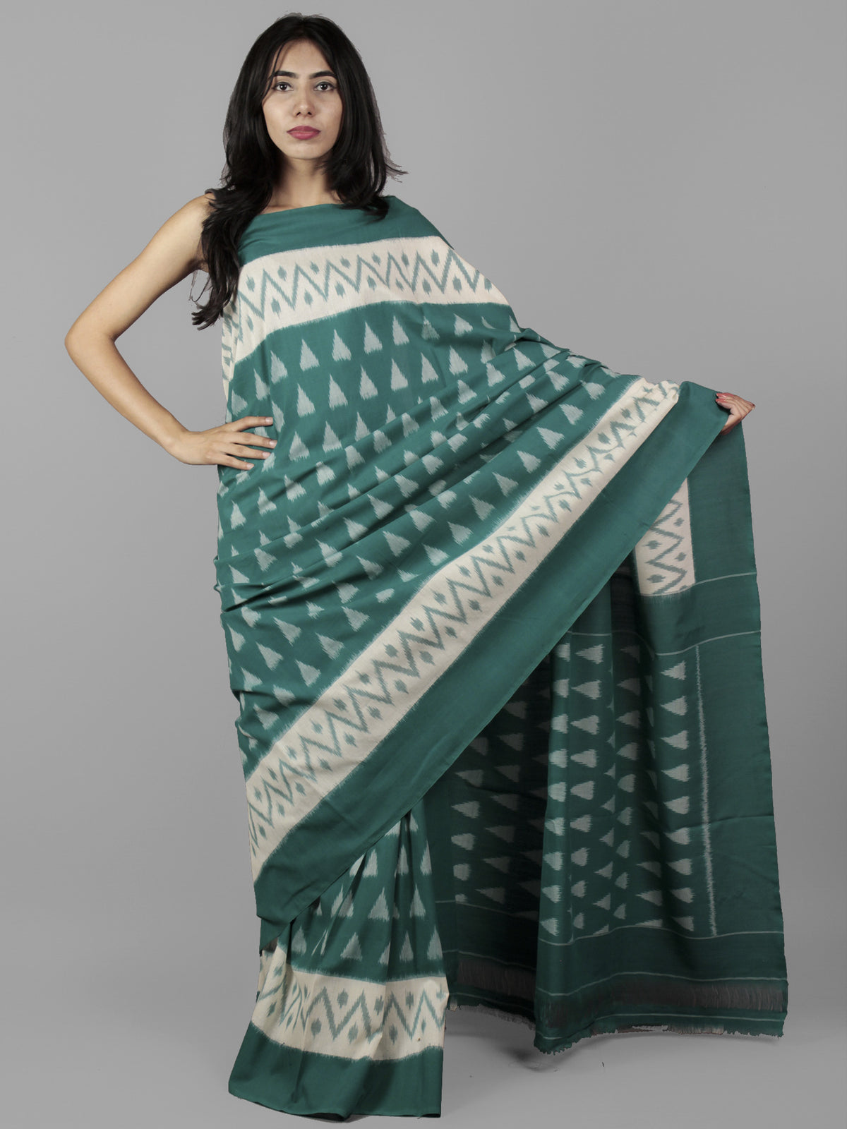 Teal Green Ivory Grey Ikat Handwoven Pochampally Mercerized Cotton Saree - S031702039