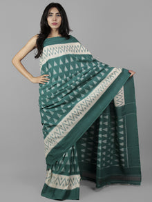 Teal Green Ivory Grey Ikat Handwoven Pochampally Mercerized Cotton Saree - S031702039