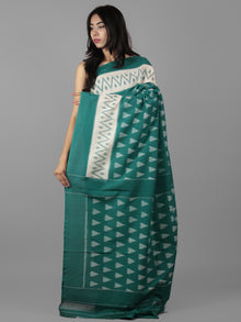 Teal Green Ivory Grey Ikat Handwoven Pochampally Mercerized Cotton Saree - S031702039