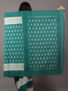 Teal Green Ivory Grey Ikat Handwoven Pochampally Mercerized Cotton Saree - S031702039