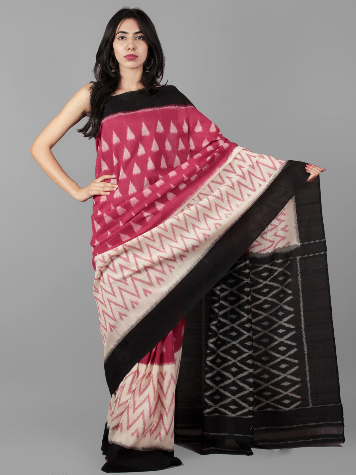 Pink Black Ivory Ikat Handwoven Pochampally Mercerized Cotton Saree - S031702043