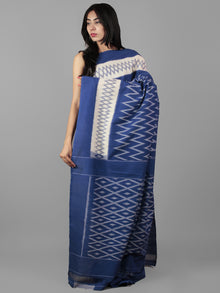 Royal Blue Ivory Ikat Handwoven Pochampally Mercerized Cotton Saree - S031702044