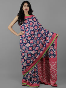 Pink Indigo White Telia Rumal Double Ikat Handwoven Pochampally Mercerized Cotton Saree With Green Border  - S031702049