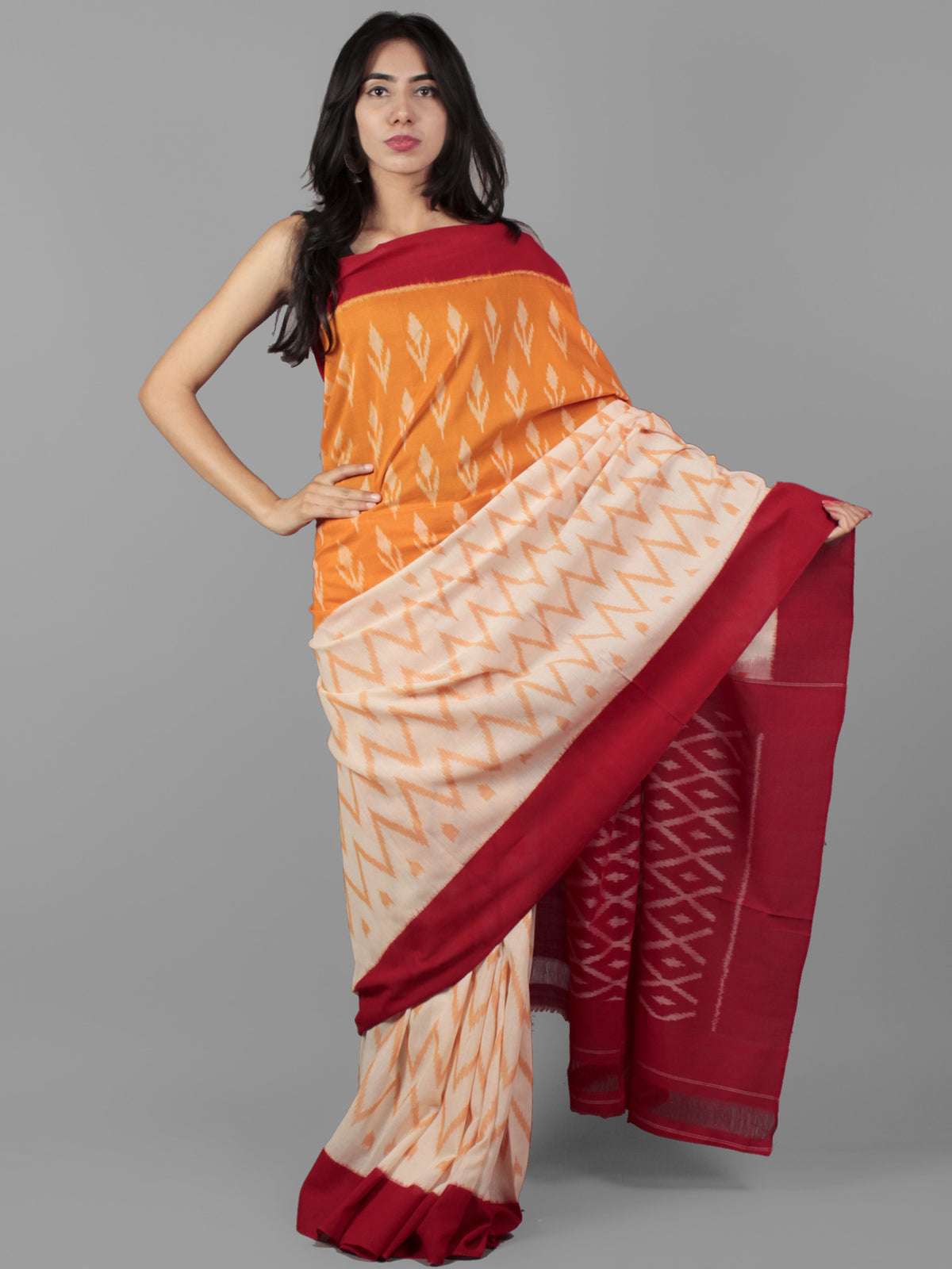 Orange Maroon Ivory Ikat Handwoven Pochampally Mercerized Cotton Saree - S031702048