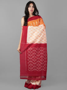 Orange Maroon Ivory Ikat Handwoven Pochampally Mercerized Cotton Saree - S031702048