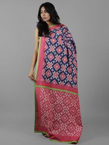 Pink Indigo White Telia Rumal Double Ikat Handwoven Pochampally Mercerized Cotton Saree With Green Border  - S031702049