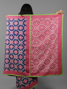 Pink Indigo White Telia Rumal Double Ikat Handwoven Pochampally Mercerized Cotton Saree With Green Border  - S031702049