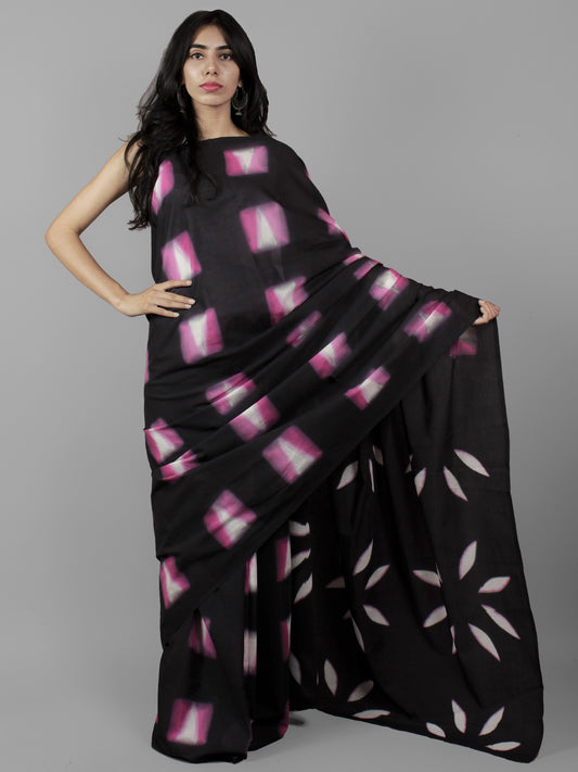 Black Pink White Hand Shibori Dyed Cotton Saree With Pink Blouse- S031702051