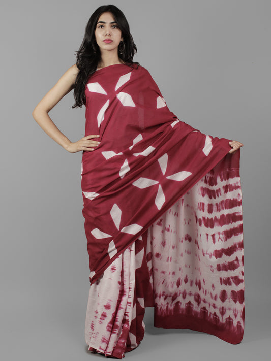 Maroon White Ivory Shibori Dyed Cotton Saree - S031702052