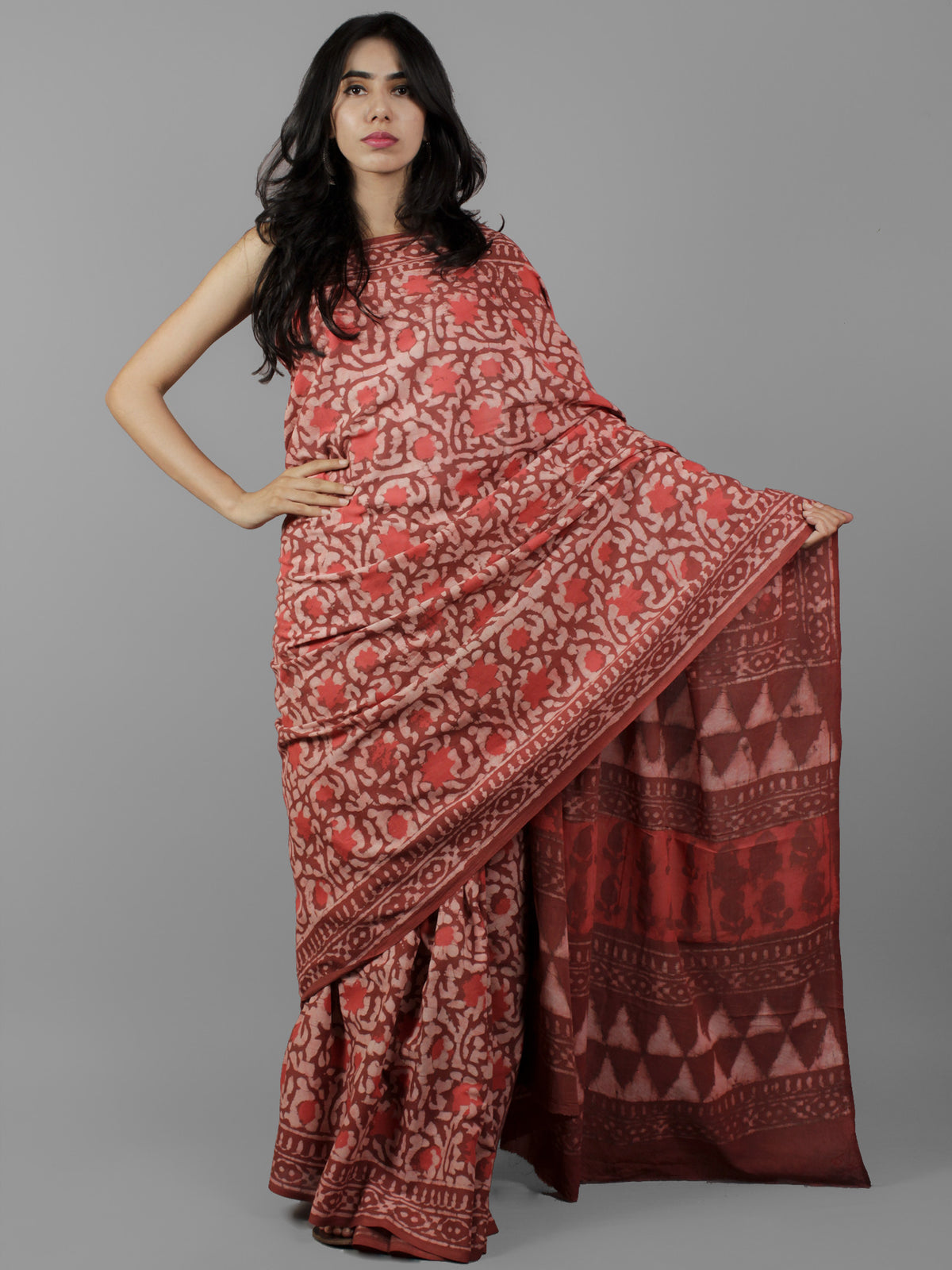 Rust Ivory Peach Hand Block Printed in Cotton Mul Saree - S031702053