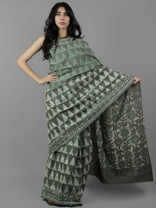 Green Grey Ivory Hand Block Printed Cotton Mul Saree - S031702055