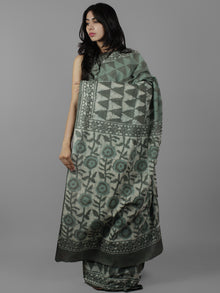Green Grey Ivory Hand Block Printed Cotton Mul Saree - S031702055