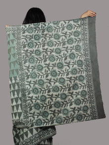 Green Grey Ivory Hand Block Printed Cotton Mul Saree - S031702055