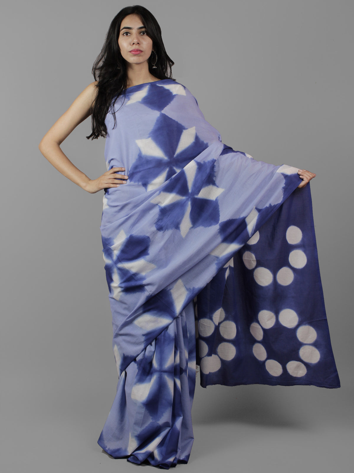 Indigo Cerulean Blue White Shibori Dyed Cotton Saree - S031702057