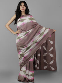 Brown Pink White Green Shibori Dyed Cotton Saree - S031702058