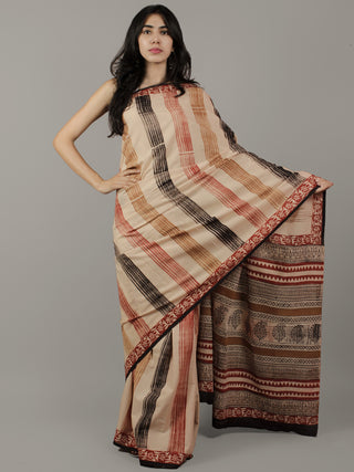 Beige Black Maroon Brown Hand Block Printed & Hand Painted Cotton Mul Saree - S031702061