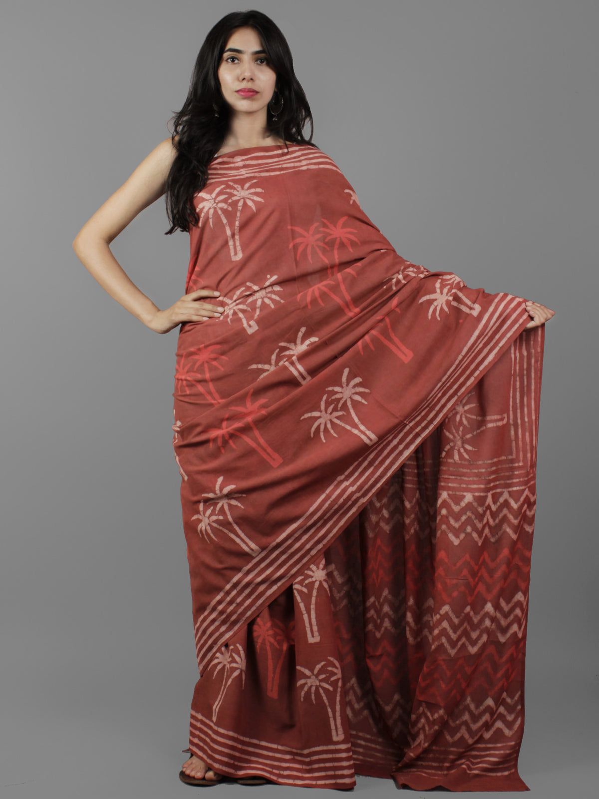 Rust Ivory Pink Hand Block Printed in Natural Colors Cotton Mul Saree - S031702062