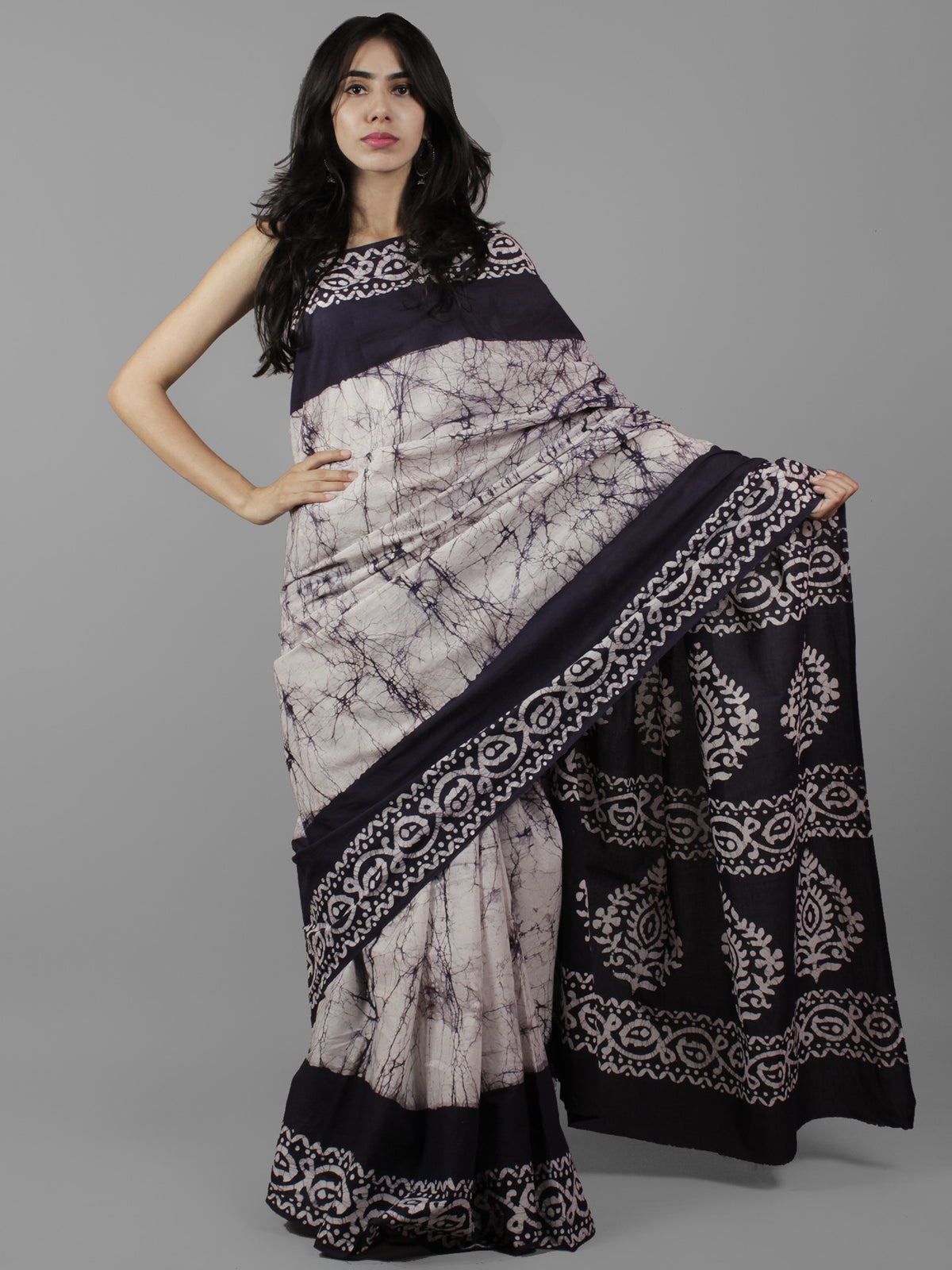 Dark Indigo Ivory Hand Batik & Block Printed Cotton Saree - S031702063