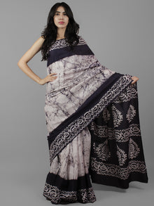 Dark Indigo Ivory Hand Batik & Block Printed Cotton Saree - S031702063