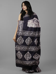Dark Indigo Ivory Hand Batik & Block Printed Cotton Saree - S031702063
