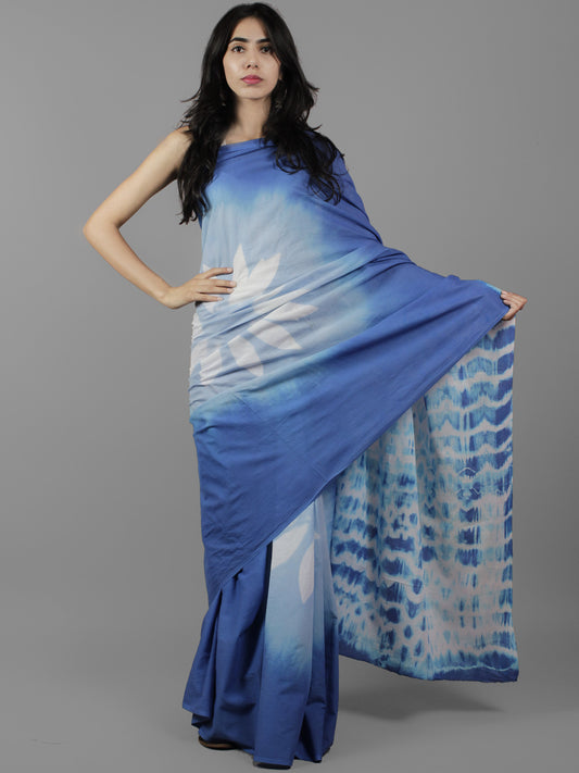 Blue White Shibori Dyed Cotton Saree - S031702064