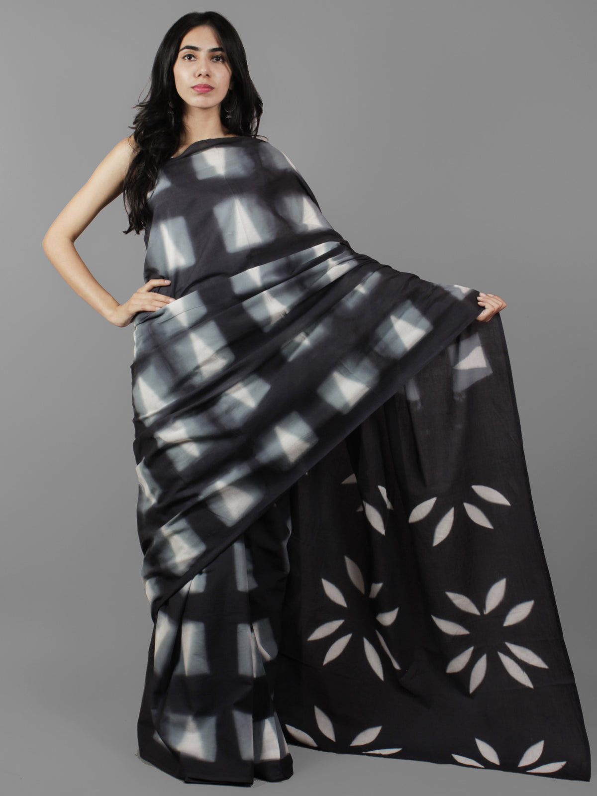 Black White Grey Shibori Dyed Cotton Saree - S031702065