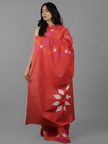Red Orange Lavender White Shibori Dyed Cotton Saree - S031702066