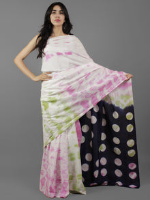 White Indigo Pink Green Shibori Dyed Cotton Saree - S031702067