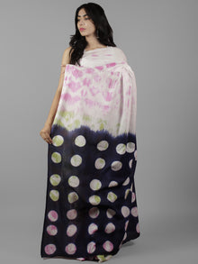 White Indigo Pink Green Shibori Dyed Cotton Saree - S031702067