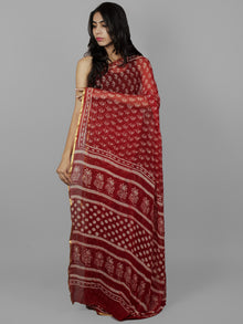 Cherry Red Ivory Hand Block Printed Chiffon Saree - S031702070