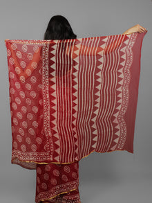 Cherry Red Ivory Hand Block Printed Chiffon Saree - S031702078