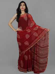 Cherry Red Ivory Hand Block Printed Chiffon Saree Without Blouse - S031702080